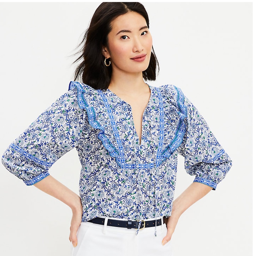 Loft Blue White Floral Ruffle Bib Tie Neck 3/4 Sleeve Blouse